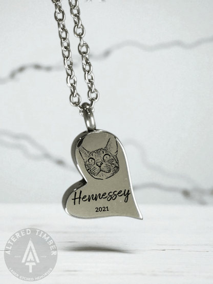 Personalized Heart shaped Urn Necklace with Pet Face - Altered Timber