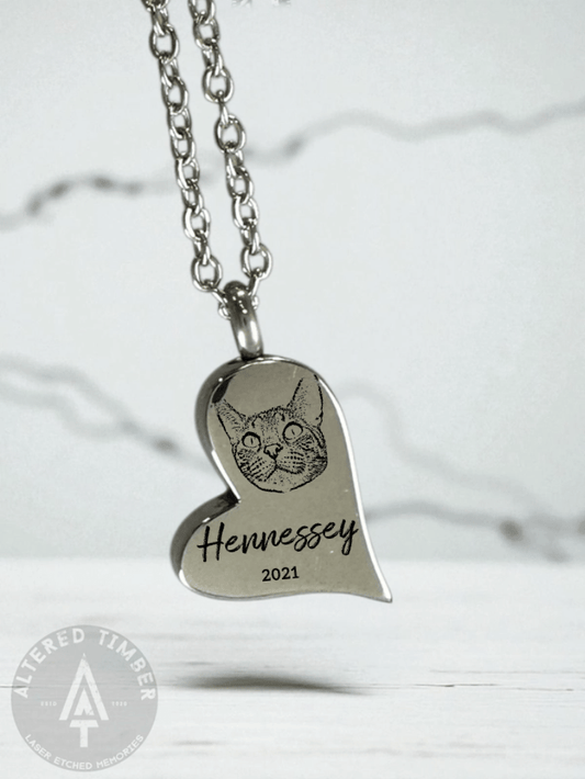 Personalized Heart shaped Urn Necklace with Pet Face - Altered Timber